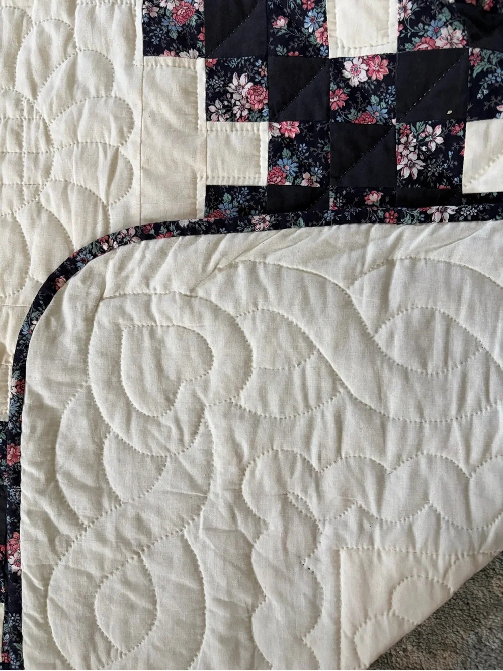 King Size Nine Patch/Irish Chain Quilt in Cream and Black Floral
